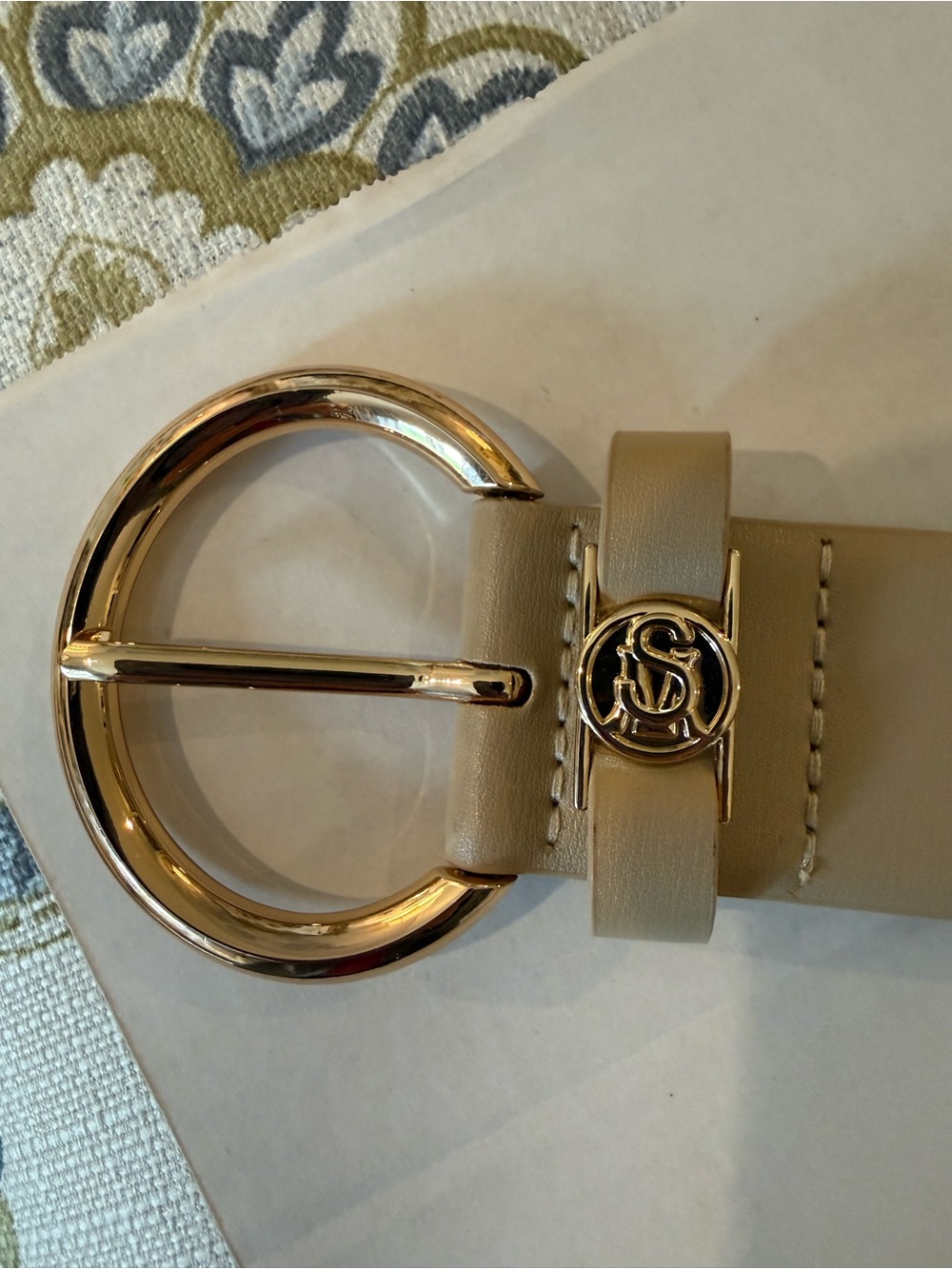 Beige Women’s Leather Belt with Gold Buckle